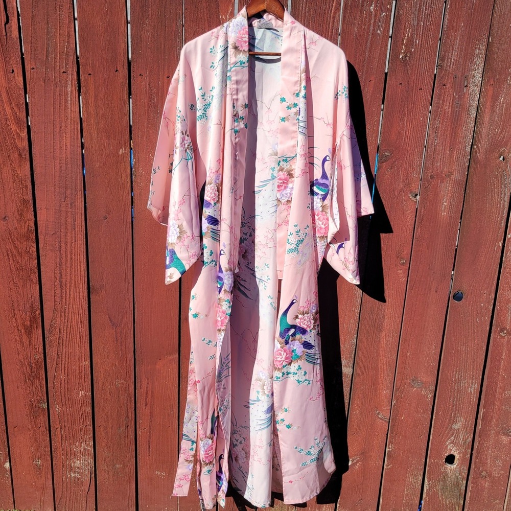 VTG FP in Tokyo Pink Peacock Floral Kimono Robe Made in Japan Maxi Length Sz M